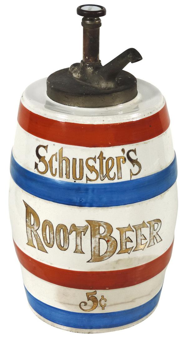 Soda Fountain Syrup Dispenser, "Schuster's" Root Beer,: Soda Fountain Syrup Dispenser, "Schuster's" Root Beer, ceramic barrel shape w/correct style Root Beer plunger pump, colorful red, white & blue, c.1910, some staining in bottom half & wear on gold lett