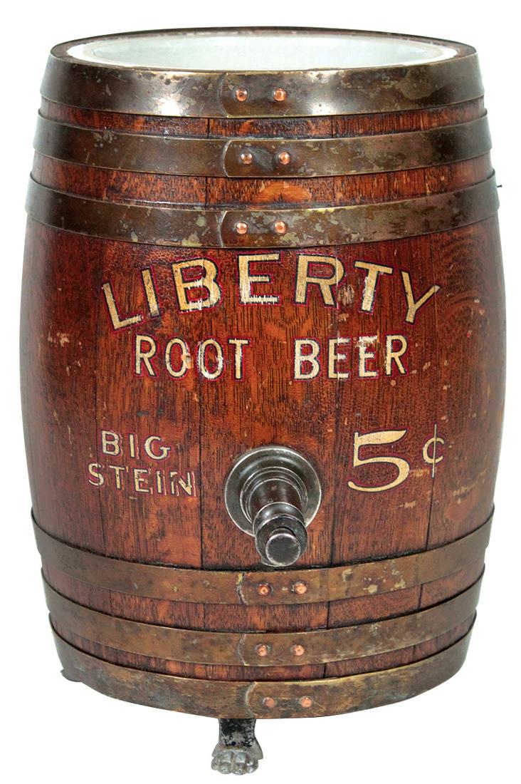 Soda Fountain Dispenser, Liberty Root Beer Big Stein, 5: Soda Fountain Dispenser, Liberty Root Beer Big Stein, 5 Cent, brass banded oak barrel w/stoneware liner & thumb button spigot, mfgd by Multiplex Faucet Co.-St. Louis, cover absent, otherwise VG cond w