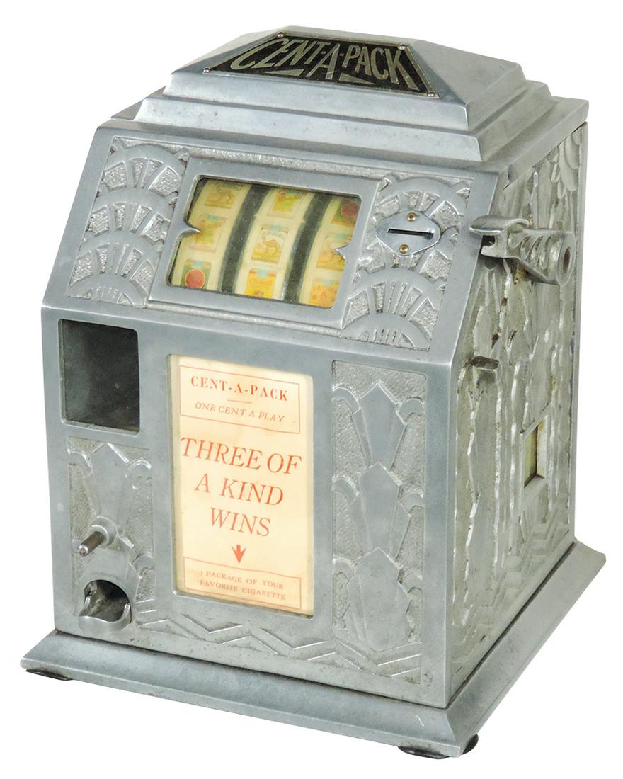 Coin-Operated Trade Stimulator, Cent-A-Pack, Art Deco: Coin-Operated Trade Stimulator, Cent-A-Pack, Art Deco cast aluminum case w/3 reels displaying various cigarette packs, 1 Cent play, c.1930's, Exc working cond w/key, 12.5"H x 9.5"Sq.