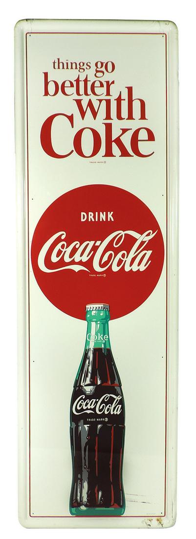 Coca-Cola Sign, "things go better with Coke-Drink: Coca-Cola Sign, "things go better with Coke-Drink Coca-Cola", litho on metal, c.1964, some litho paint smear at bottom of bottle & 2 spots of rust on bottom edge, rest in Exc+ cond w/strong color & gl