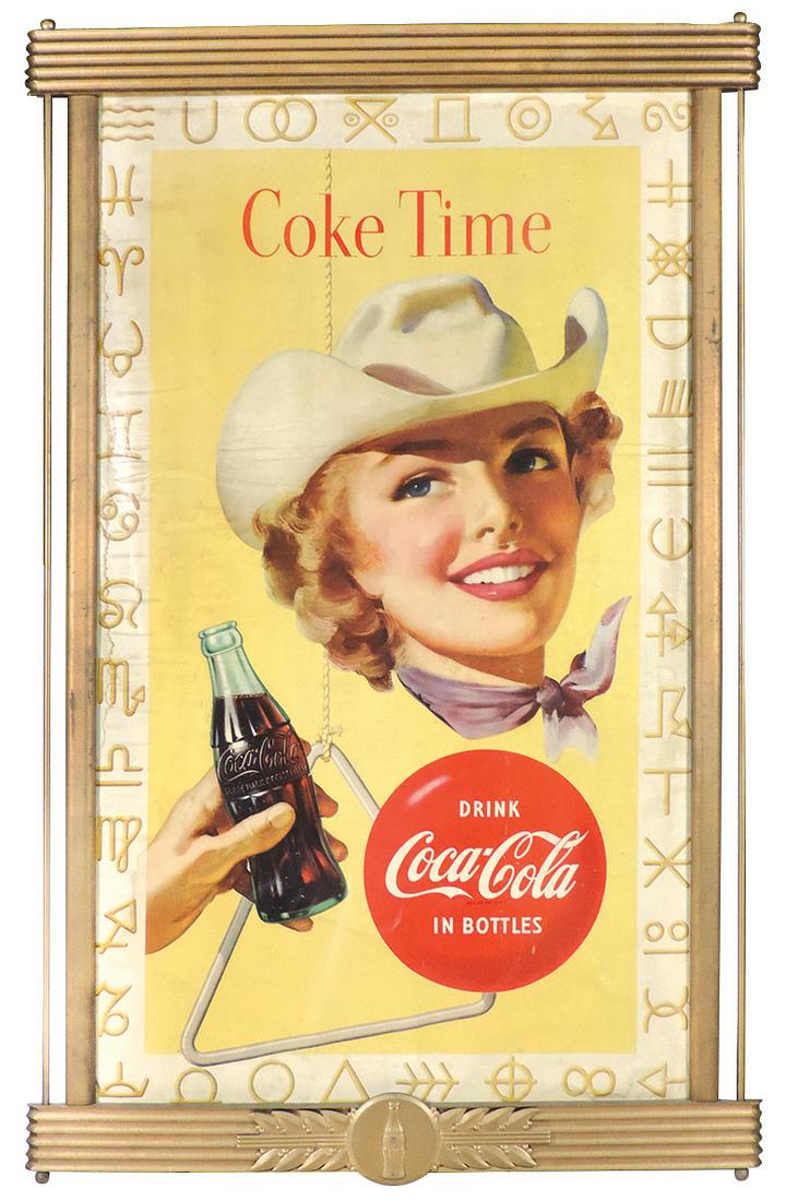 Coca-Cola Sign, "Coke Time" litho on cdbd in Kay: Coca-Cola Sign, "Coke Time" litho on cdbd in Kay Displays wood frame, 1950's, Cowgirl theme w/cattle brand border, Good cond w/scattered stains & delaminations, frame VG w/orig gilt & maker's stamp, 5