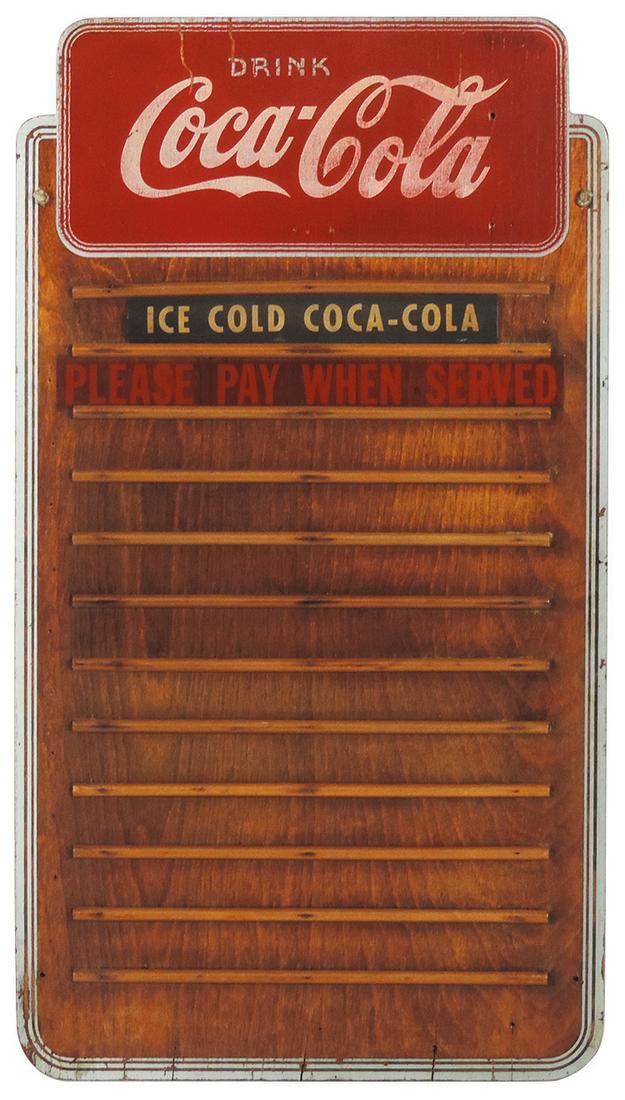 Coca-Cola Menu Board, painted & stained birch plywood: Coca-Cola Menu Board, painted & stained birch plywood panel w/slotted 1/4 round strip holders, "Kay Displays Inc." stamp on back, VG cond w/a few scratches, wear & nail holes, 24.5"H x 14"W.
