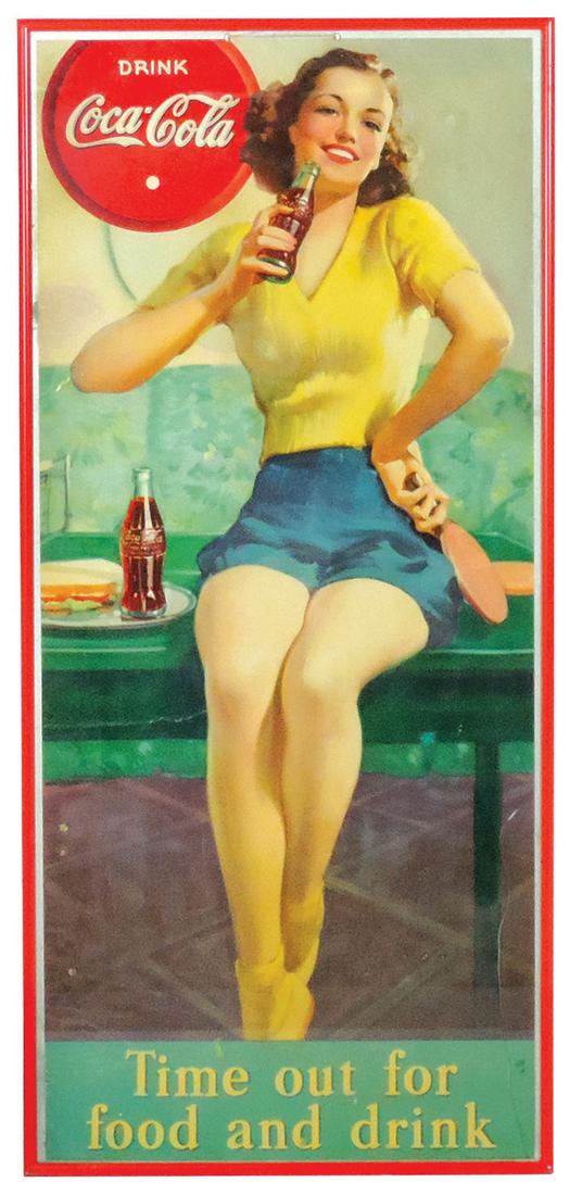 Coca-Cola Sign, "Time Out", litho on cdbd by Snyder &: Coca-Cola Sign, "Time Out", litho on cdbd by Snyder & Black w/Table Tennis Girl, 1940's, framed, Good+ cond w/surface creases, blemishes & minor toning, 2 holes for hanging in top border, 32"H x 15"W.