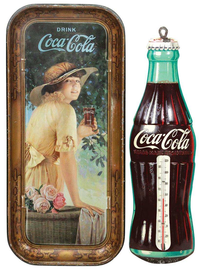 Coca-Cola Thermometer & Tray (2), embossed diecut: Coca-Cola Thermometer & Tray (2), embossed diecut thermometer, VG cond w/paint loss on lower flange & upper suspension tab & 1916 serving tray, "Elaine" w/roses & glass of her favorite beverage, VG co