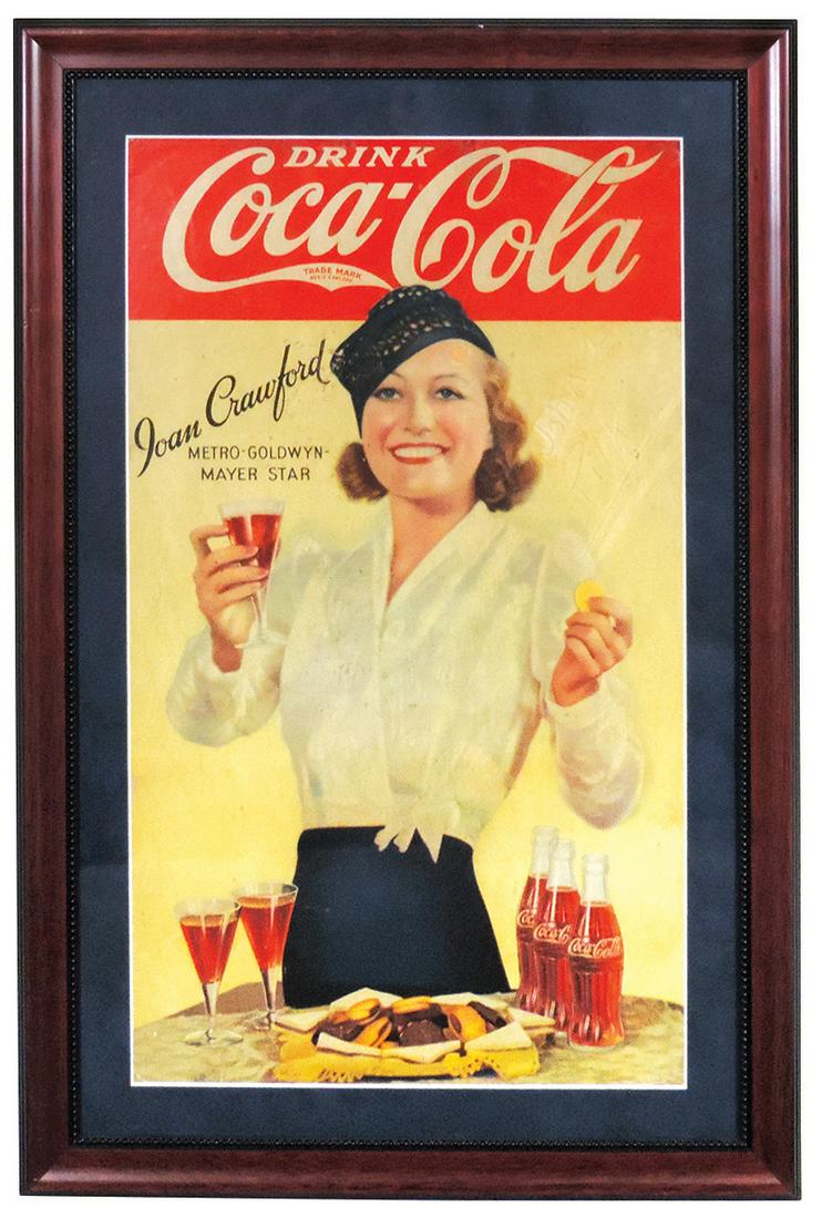 Coca-Cola Sign, "Joan Crawford", 1930: Coca-Cola Sign, "Joan Crawford", 1930's litho on cdbd, prof framed & matted, VG cond w/overall toning, scattered foxing & partially erased writing in upper right, 28.25"H x 19"W.