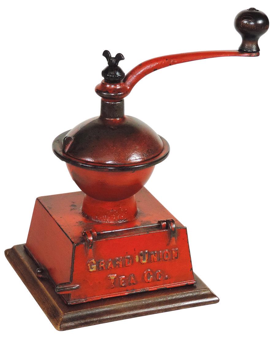 Coffee Grinder, "Grand Union Tea Co.", 19th Century,: Coffee Grinder, "Grand Union Tea Co.", 19th Century, cast iron on wood base, VG to Exc cond w/orig red paint, normal wear from age & use, 11"H x 6.75"Sq.