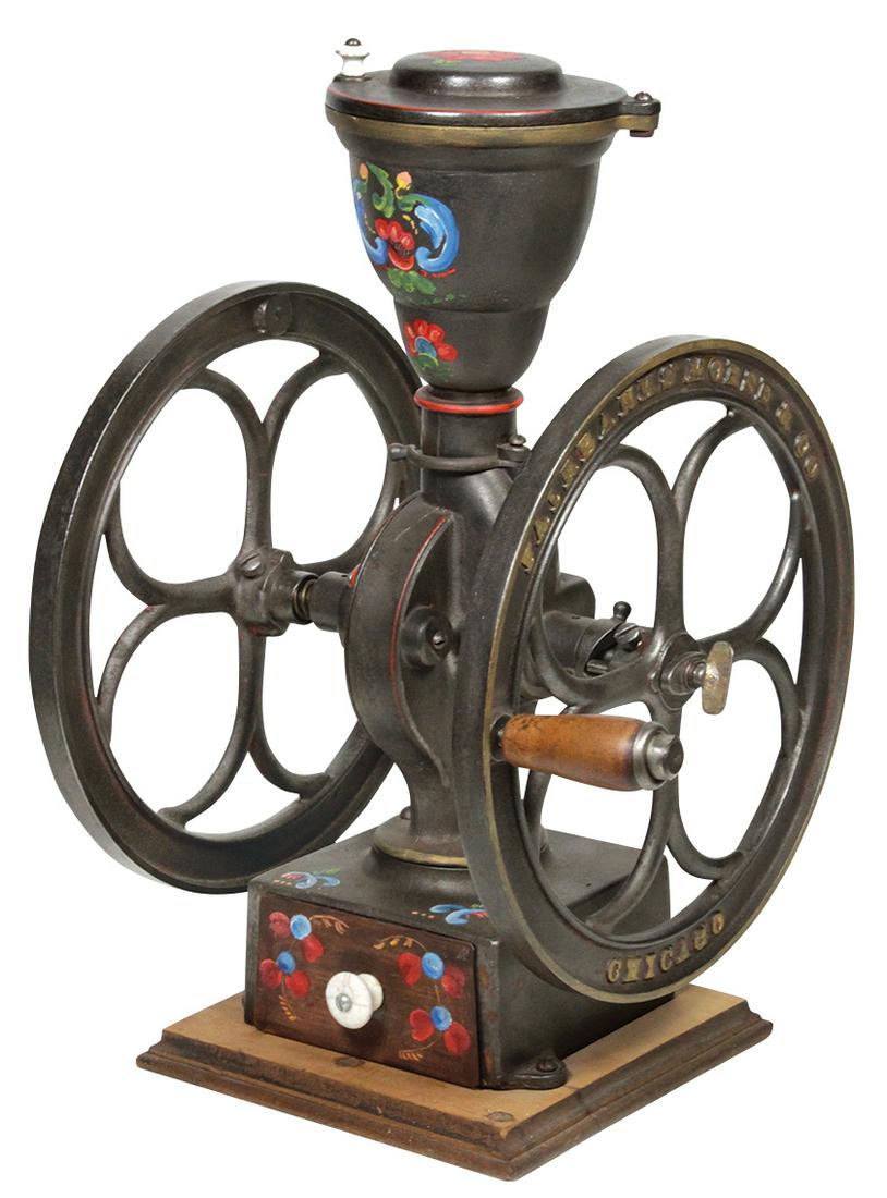 Country Store Coffee Grinder, Fairbanks & Morse & Co.,: Country Store Coffee Grinder, Fairbanks & Morse & Co., cast iron counter top on wood base, Exc cond w/natural iron finish & later tole-painted florals, 20"H x 12"W x 14"D.