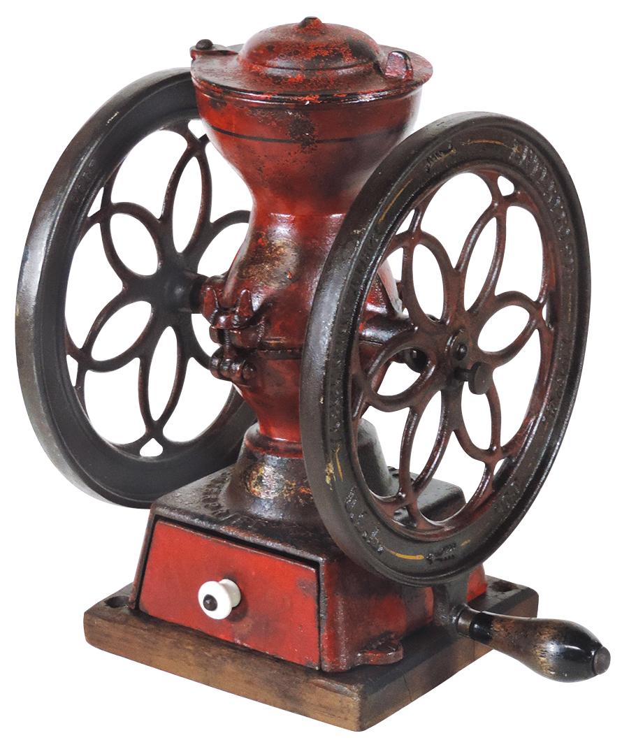 Country Store Coffee Grinder, Enterprise, late 19th: Country Store Coffee Grinder, Enterprise, late 19th Century counter top, cast iron & wood w/orig cast iron drawer, VG cond w/a good amount of orig paint, 12.5"H x 9"W x 10"D.