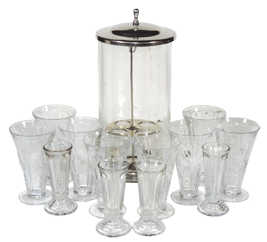 Soda Fountain Cone Dispenser & Glasses (13), glass &: Soda Fountain Cone Dispenser & Glasses (13), glass & nickel-plated ice cream cone dispenser, 8 Fostoria "Baroque" pattern crystal 6" tumblers & 4 Rare 5.25" ice cream cone holders, all Exc cond, dispe