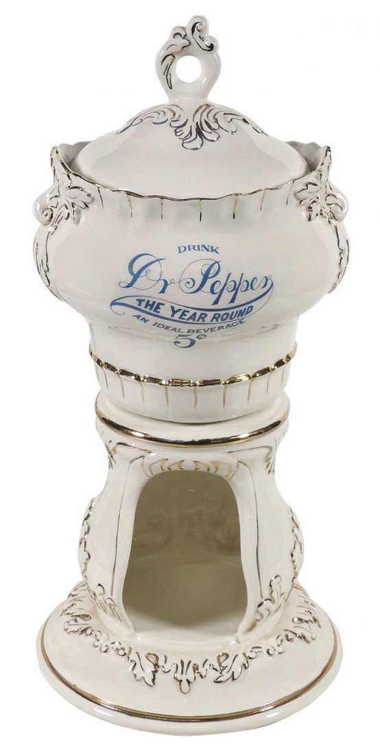 Soda Fountain Syrup Dispenser, "Drink Dr Pepper", 5: Soda Fountain Syrup Dispenser, "Drink Dr Pepper", 5 Cents, 3-pc base, urn & lid, painted ceramic Limited Edition by Marv Art Enterprises Inc., #313/2000, c.1970's, Exc cond w/a great look, 18"H x 9"W.