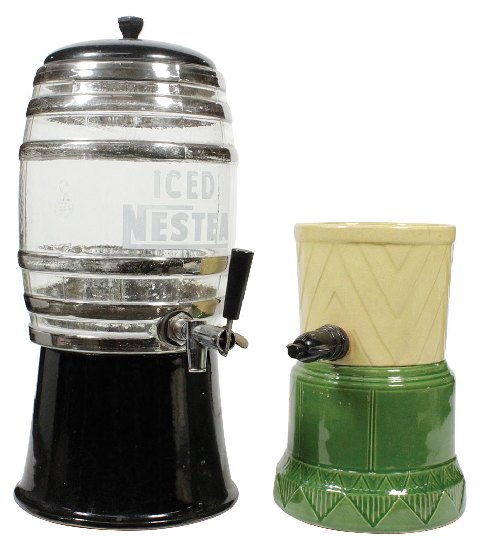 Soda Fountain Syrup Dispensers (2), 1940's pottery: Soda Fountain Syrup Dispensers (2), 1940's pottery "Green River" w/paper label & "Iced Tea" glass barrel form w/Bakelite cover & glazed stoneware base, VG to Exc cond, Green River w/a short firing lin