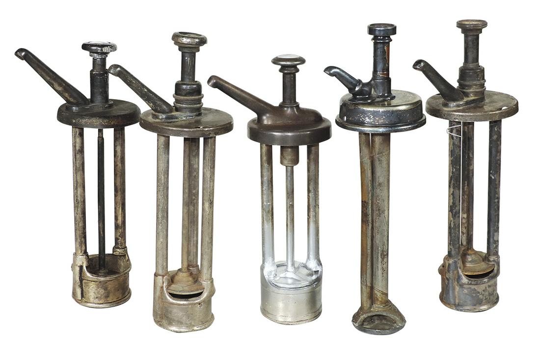 Soda Fountain Syrup Pumps (5), various type 3.5": Soda Fountain Syrup Pumps (5), various type 3.5" fitters, 9.5" to 10" interior lengths, Good to VG cond w/2 buttons absent, largest 14"L.