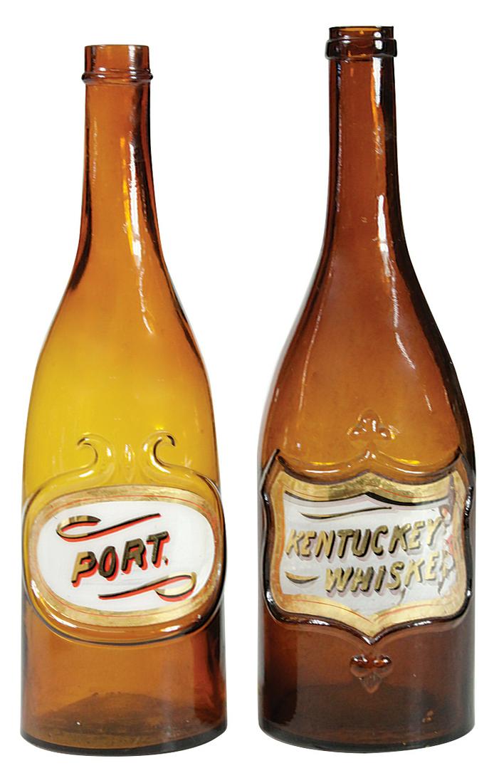 Breweriana (2), Pre-Prohibition back bar bottles, amber: Breweriana (2), Pre-Prohibition back bar bottles, amber label under glass, 19th Century reverse-painted gilt labels for "Kentucky Whiskey" & "Port", each in embossed cartouches, VG to Exc cond, Whiske