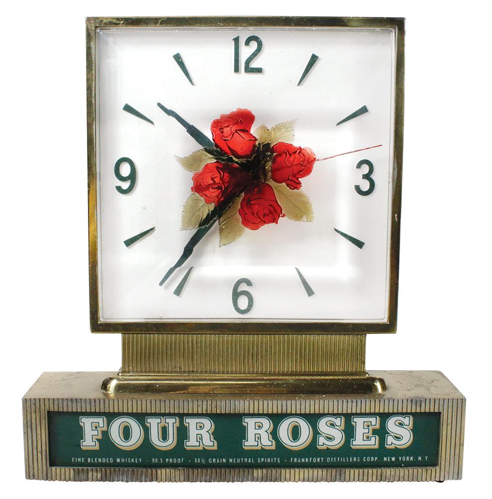 Breweriana Clock, Four Roses Distillery, c.1960's,: Breweriana Clock, Four Roses Distillery, c.1960's, reverse-painted lighted base w/molded acrylic clock cover by Haydon Mfg Co., VG untested cond w/frayed cord, 13"H x 12"W x 4"D.