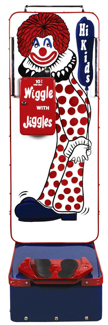 Coin-Operated Arcade Machine, Wiggle with Jiggles", 10: Coin-Operated Arcade Machine, Wiggle with Jiggles", 10 Cent electric, painted steel w/hand-painted graphics, vibrating foot plate & chrome grab bars, c.1960's, Exc like-new cond, 58"H x 17"W x 24"D.