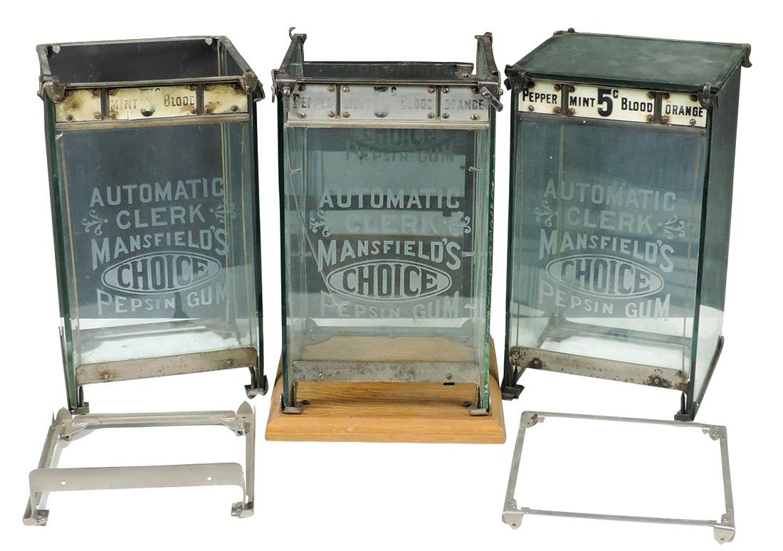 Coin-Operated Gum Vendor Cases (3), Mansfield's Pepsin: Coin-Operated Gum Vendor Cases (3), Mansfield's Pepsin Gum Automatic Clerk, dispensed 5 Cent pkgs of gum, missing interior mech parts, cases Good to VG cond, 16"H x 7"W.