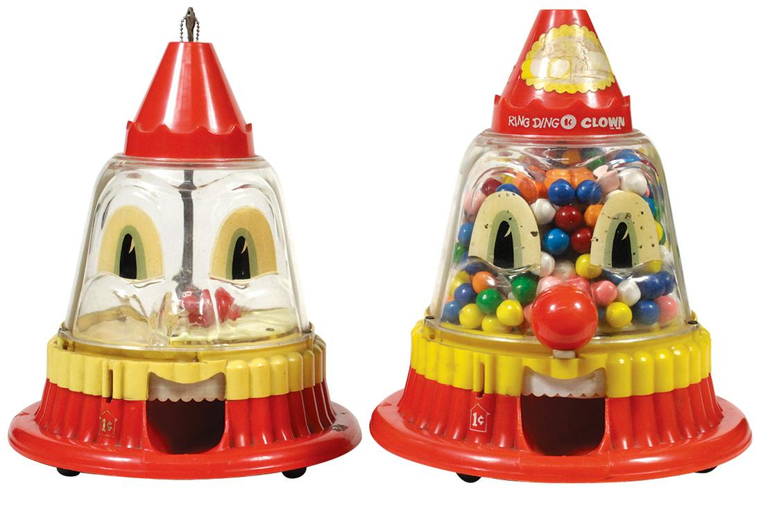 Coin-Operated Gum Vendors (2), both "Ring Ding Clown",: Coin-Operated Gum Vendors (2), both "Ring Ding Clown", 1950's 1 Cent plastic clown heads, one w/gumballs, VG working cond, one w/damaged red nose, 1 key unlocks both, 11"H x 9"Dia.
