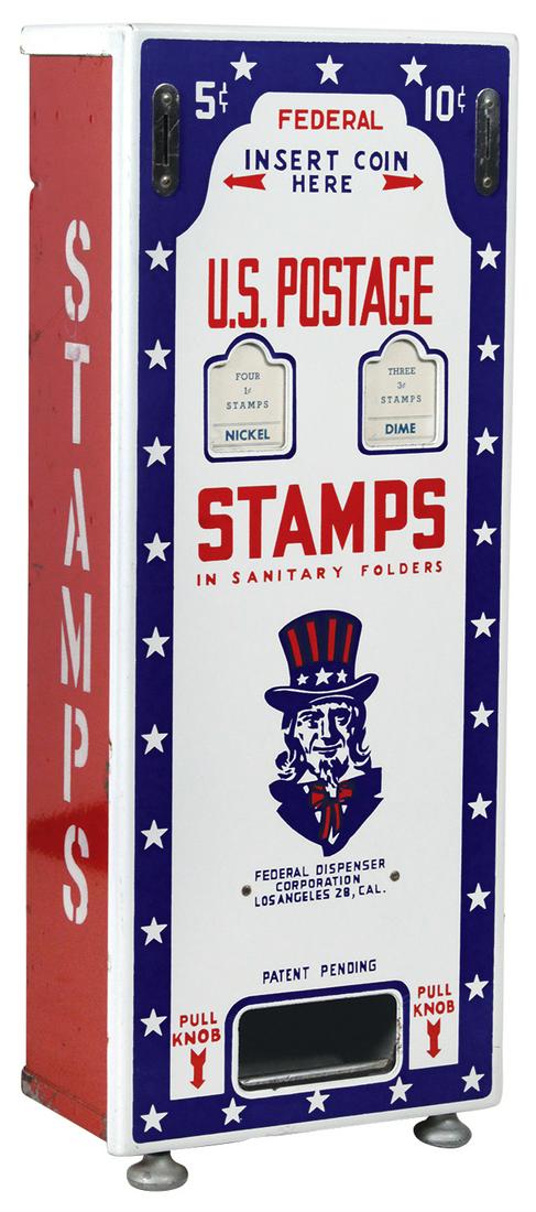 Coin-Operated Match Vendor, U.S. Postage Stamps, mfgd: Coin-Operated Match Vendor, U.S. Postage Stamps, mfgd by Federal Dispenser Corp, wall-mounted porcelain on steel front on painted steel case, 5 Cent & 10 Cent stamps w/illustration of Uncle Sam, Exc w