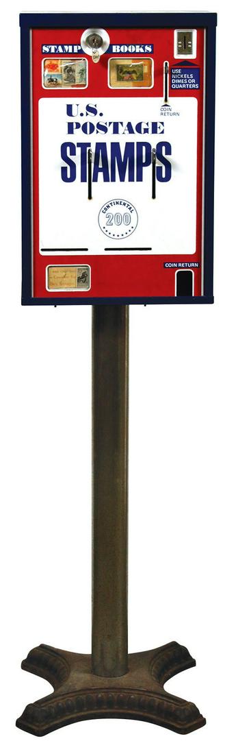 Coin-Operated Stamp Vendor, U.S. Stamp Vending Machine: Coin-Operated Stamp Vendor, U.S. Stamp Vending Machine "Centennial 200", c.1970's porcelain front floor model for nickel, dime & quarter stamps w/two sections, Exc working cond w/key, 54"H x 15"W.