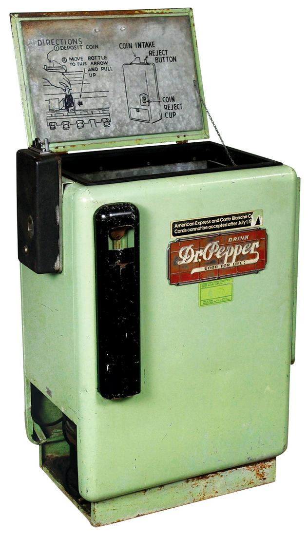 Coin-Operated Vending Machine, Dr. Pepper Ideal Slider,: Coin-Operated Vending Machine, Dr. Pepper Ideal Slider, Good cond w/working compressor, inside rack absent, 41"H x 29"W x 20"D.