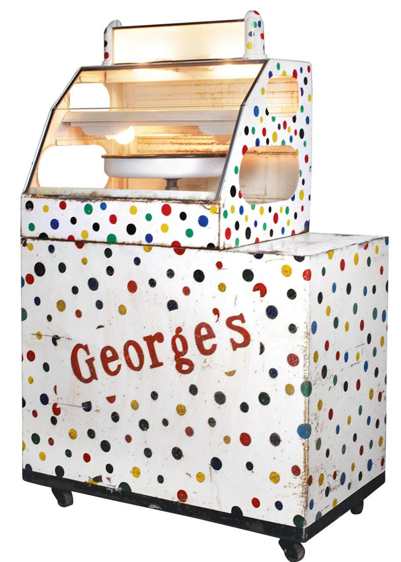 Amusement Park Peanut Vendor, "George's" mobile: Amusement Park Peanut Vendor, "George's" mobile sidewalk sectional warming cabinet & base, glazed slant front & ovoid end panels, lighted interior w/shelf, warmer & motorized rotation pan below a ligh