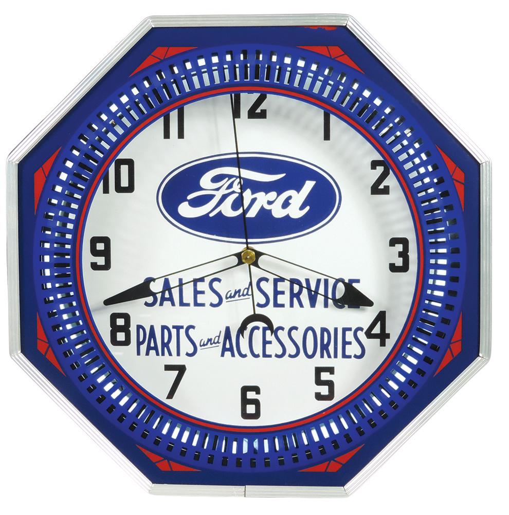 Automotive Clock, Ford Sales & Service Animated Neon: Automotive Neon Motion Clock, contemporary Ford Sales & Service, octagonal form w/reverse-painted glass & spinning bezel, Exc like-new working cond, 18.5"Dia.