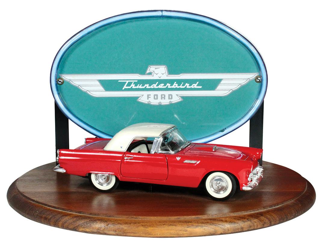 Automotive Sign, Ford Thunderbird Neon Dealer Counter: Automotive Sign, Ford Thunderbird Neon Dealer Counter Display Sign, scale model 1955 diecast car mounted on wood base, Thunderbird logo glass sign wrapped in blue neon, Exc like-new working cond, 9.5"