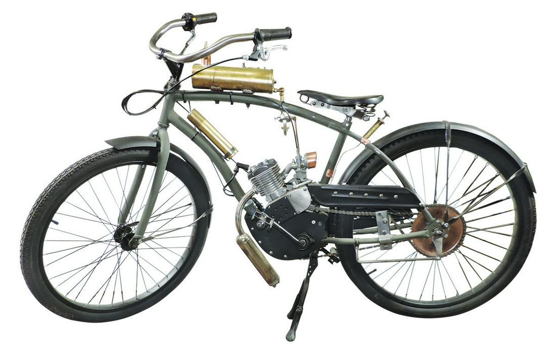 Bicycle, Antique Style Motorized Bicycle, unbranded: Bicycle, Antique Style Motorized Bicycle, unbranded contemporary custom-build, Steampunk influence w/new Skippy Skyhawk Angle Fire 66cc 2-cyl engine, matte olive green with matte black fenders, brass 