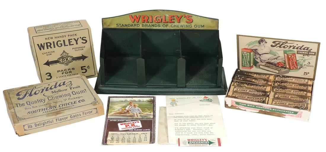 Chewing Gum Counter Display, Wrigley's Chewing Gum,: Chewing Gum Counter Display, Wrigley's Chewing Gum, c.1920's 3-section green metal display w/gold tone marquee, a Wrigley's handy pack box, P.K. calendar, sample gum stick w/company letter & envelope 