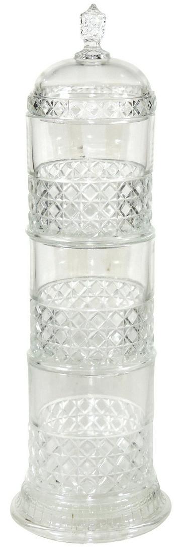 Candy Store Stacking Display Jar, cane pattern pressed: Candy Store Stacking Display Jar, cane pattern pressed glass, 3 sections w/lid & base, VG cond, one section w/flake to bottom edge, 18.25"H.