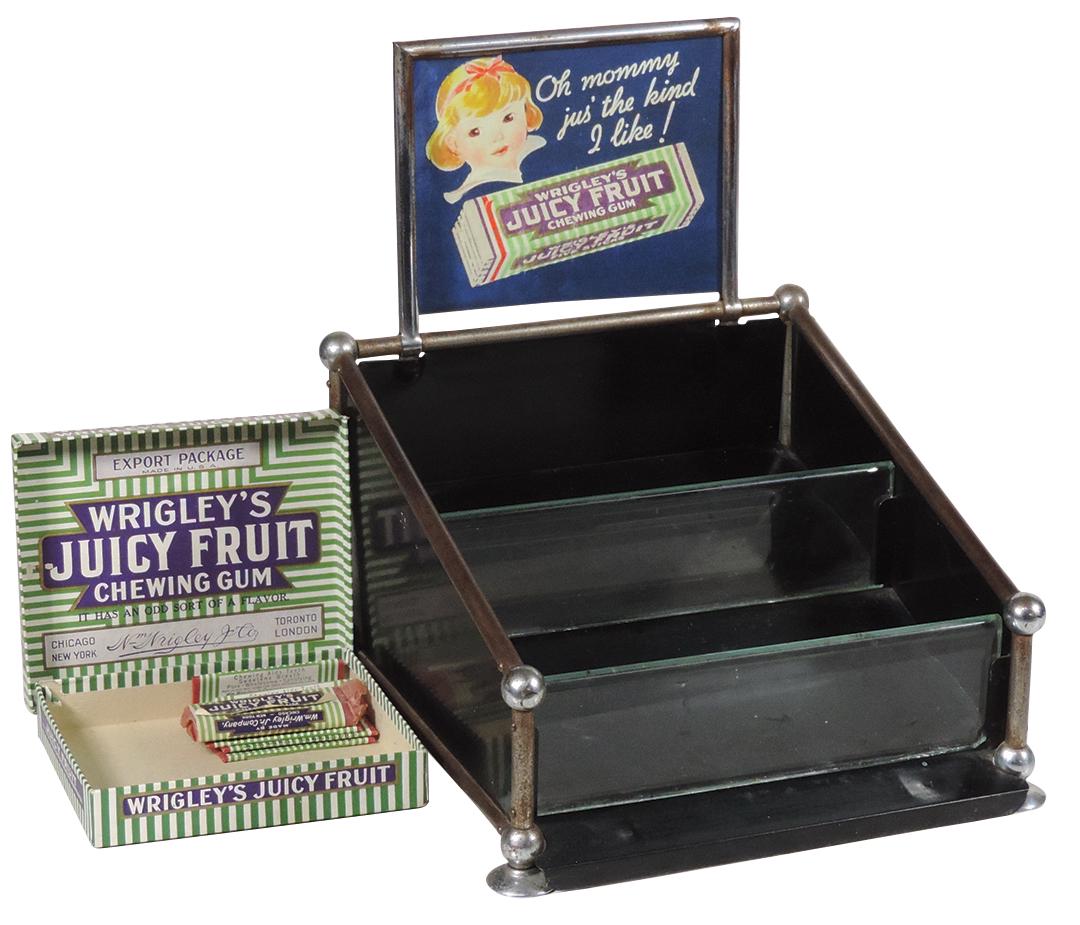 Chewing Gum Counter Display, Wrigley's Juicy Fruit,: Chewing Gum Counter Display, Wrigley's Juicy Fruit, c.1920's Art Deco tiered slant front w/ glass dividers, marquee w/cdbd Wrigley's insert, includes a period Wrigley's export package box w/partial co