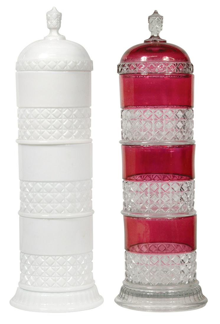 Candy Store Display Jars (2), Ruby Flashed & Clear: Candy Store Display Jars (2), Ruby Flashed & Clear stacking 3-section jar, cane pattern pressed glass, pat'd May 1873 & milk glass w/base & cover, both Exc cond, 18"H x 4.75"Dia.