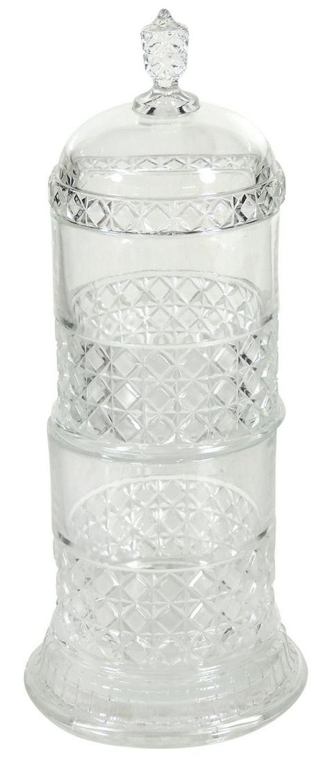 Candy Store Stacking Display Jar, cane pattern pressed: Candy Store Stacking Display Jar, cane pattern pressed glass, three sections w/lid & base, VG cond, one section w/minor flakes to edge, 18.25"H.