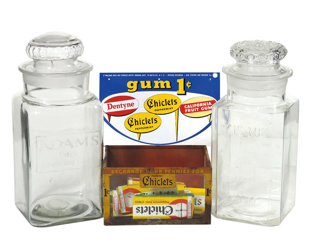 Chewing Gum Items (14), Adams etched glass counter jar,: Chewing Gum Items (14), Adams etched glass counter jar, "Kis-Me" embossed glass counter jar, 1 Cent vending machine tin marquee, Adams Chiclets glass & tin dispenser & 10 later Chiclets packs (empty),