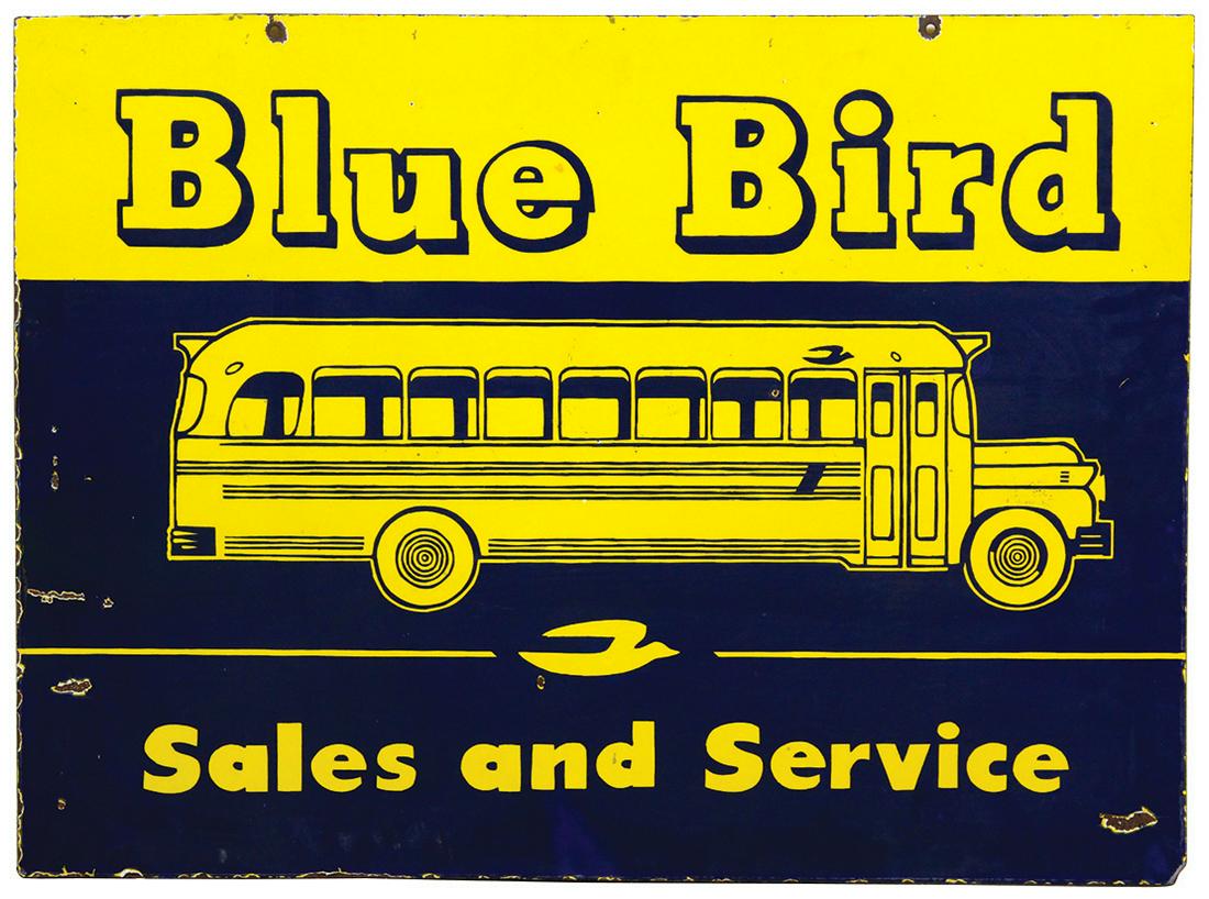 Automobilia, Blue Bird Bus Sales & Service,: Automobilia, Blue Bird Bus Sales & Service, double-sided porcelain on steel, c.1950's-60's, Good+ cond w/edge chips, mount holes & a few chips in field, 26.5"H x 36"W.