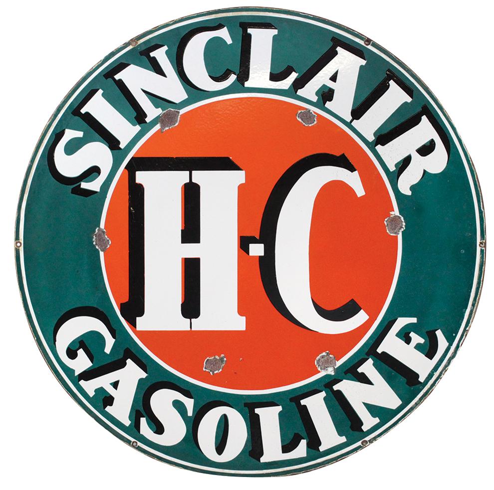 Petroliana Sign, Sinclair "H-C" Gasoline, a later 20th: Petroliana Sign, Sinclair "H-C" Gasoline, a later 20th Century remake of a classic old sign, aged w/purposed scattered losses, Good to VG cond, 30" Dia.