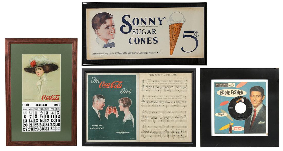 Soda Fountain Ephemera (4), 1910 framed calendar: Soda Fountain Ephemera (4), 1910 framed calendar w/later pad, framed 1927 "The Coca-Cola Girl" song sheet, 1920's framed "Sonny's 5 Cent Sugar Cone litho & framed Eddie Fisher "Coke Time" 45 record in