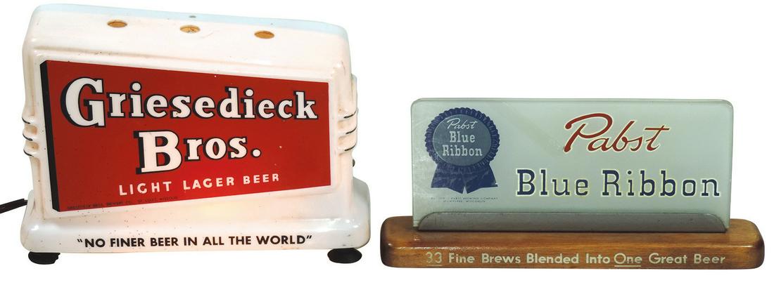Breweriana Signs (2), Griesedieck Bros. Light Lager: Breweriana Signs (2), Griesedieck Bros. Light Lager Beer plastic light-up, VG working cond w/brittle cord & Pabst Blue Ribbon glass sign w/wooden base, mfgd by Price Bros.-Chicago, Exc cond, 6.5"H x 1