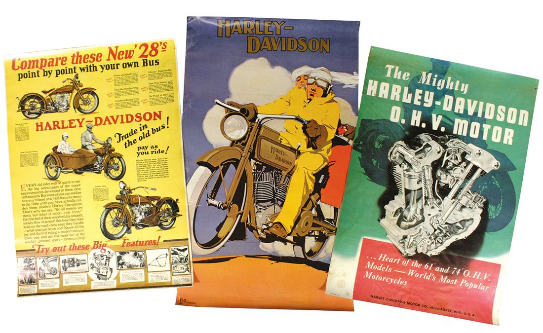 Motorcycle Posters (3), all Harley-Davidson vintage: Motorcycle Posters (3), all Harley-Davidson vintage reprints, 1928 models' features, 1916 couple riding & the O.H.V. Motor, VG o/all cond w/some edge wear & stain, 27"H x 16"W & 23"H x 17"W.