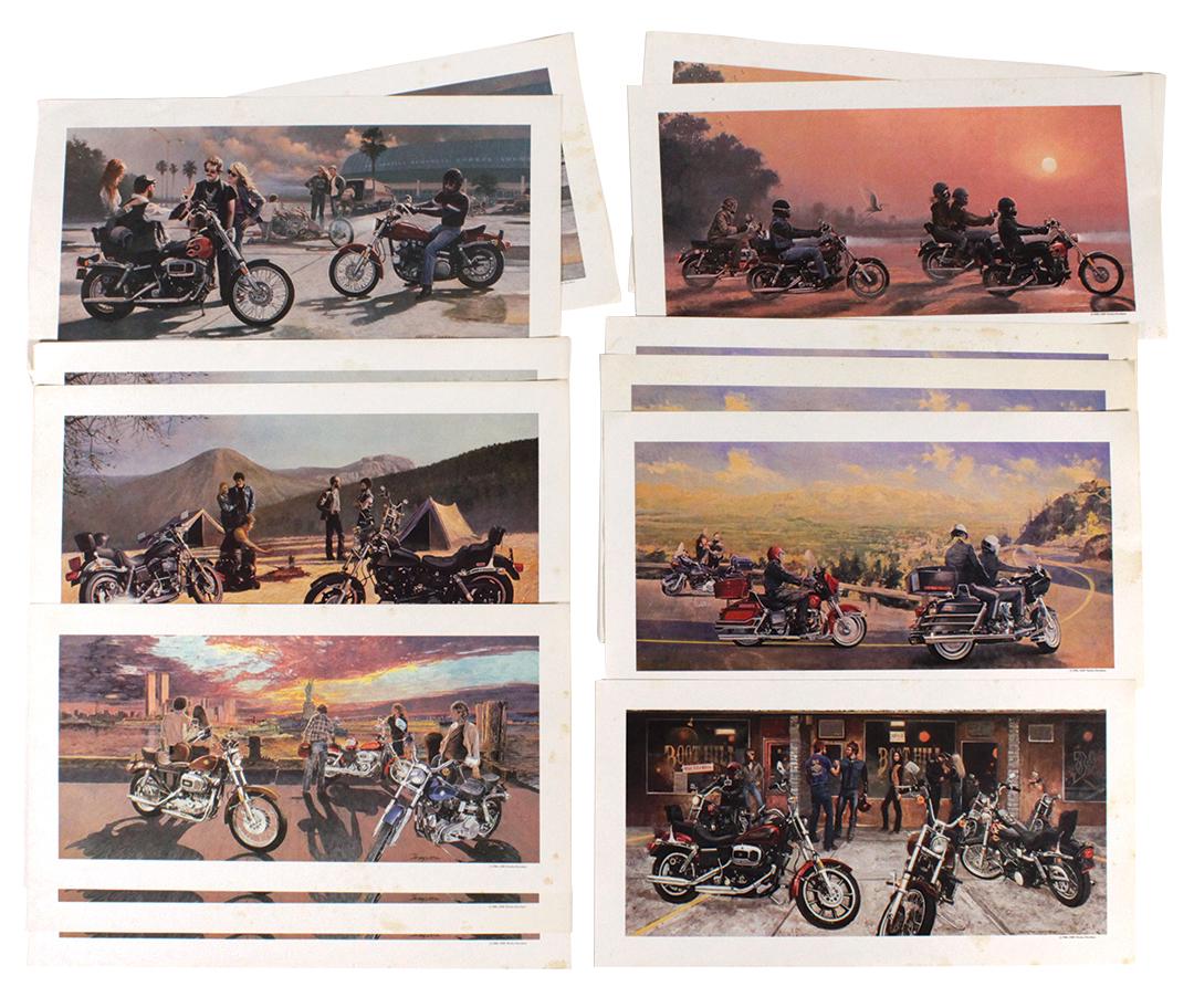 Motorcycle Prints, Harley-Davidson Martin Hoffman (13),: Motorcycle Prints, Harley-Davidson Martin Hoffman (13), 1980 AMF complete set of 6 plus (2) additional prints of Mountain pass, (1) L.A. Sports Arena, (1) Beach Sunset, (1) Campground & (2) New York S