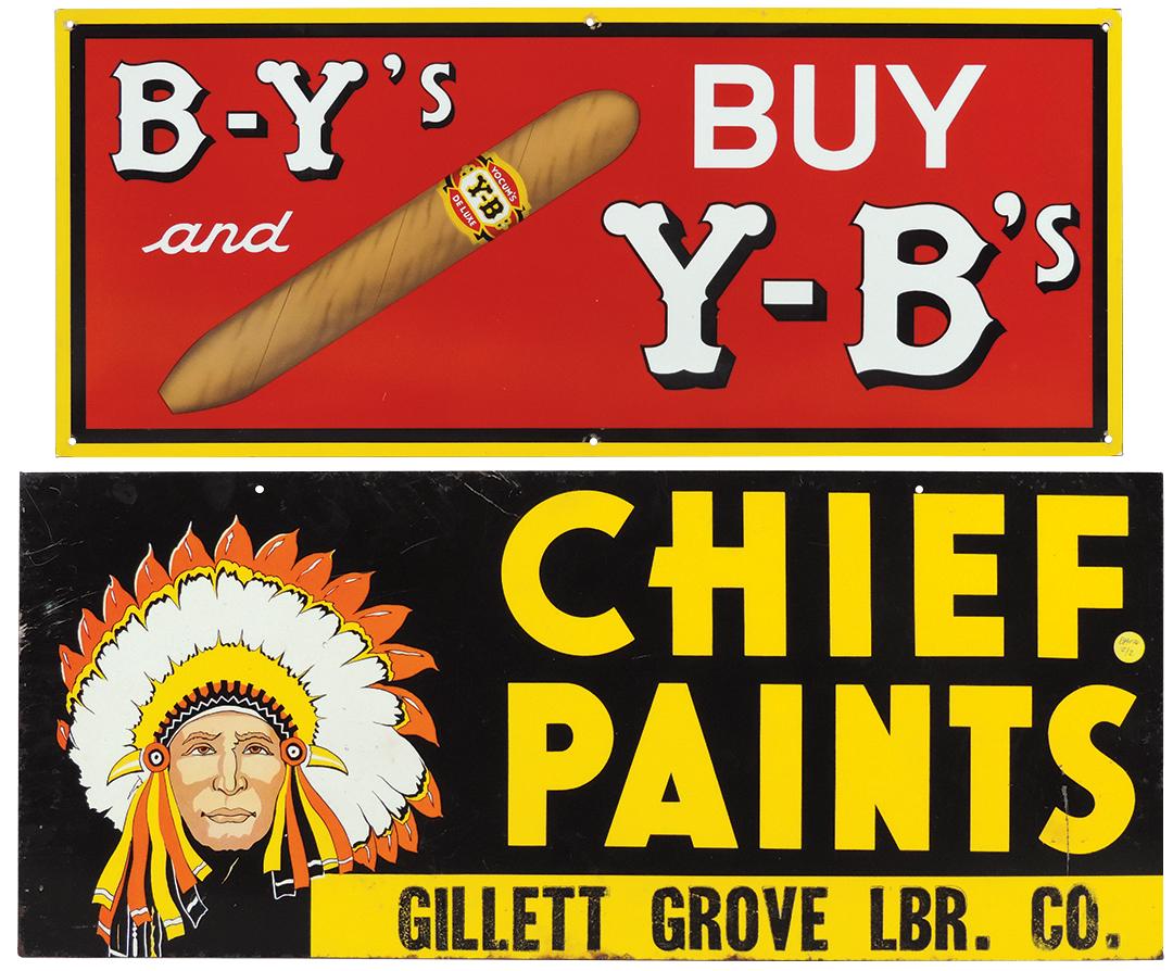Advertising Signs (2), "B-Y's & Buy Y-B's Cigars",: Advertising Signs (2), "B-Y's & Buy Y-B's Cigars", litho on tin, Exc to Near-Mint cond & "Chief Paints" from Gillett Grove Lumber Co., 4-color litho on tin, VG cond, 12"H x 28"W.