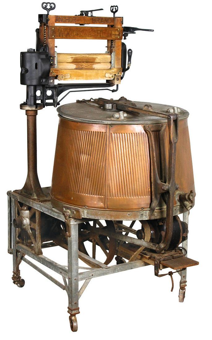 Clothes Washer, early 20th Century, Woodrowasher No. 8,: Clothes Washer, early 20th Century, Woodrowasher No. 8, mfgd by Woodrow Mfg. Co.-Newton, IA, copper tub on iron base w/wood wringer, electric motor w/belt drive, Good to VG orig cond w/motor likely re
