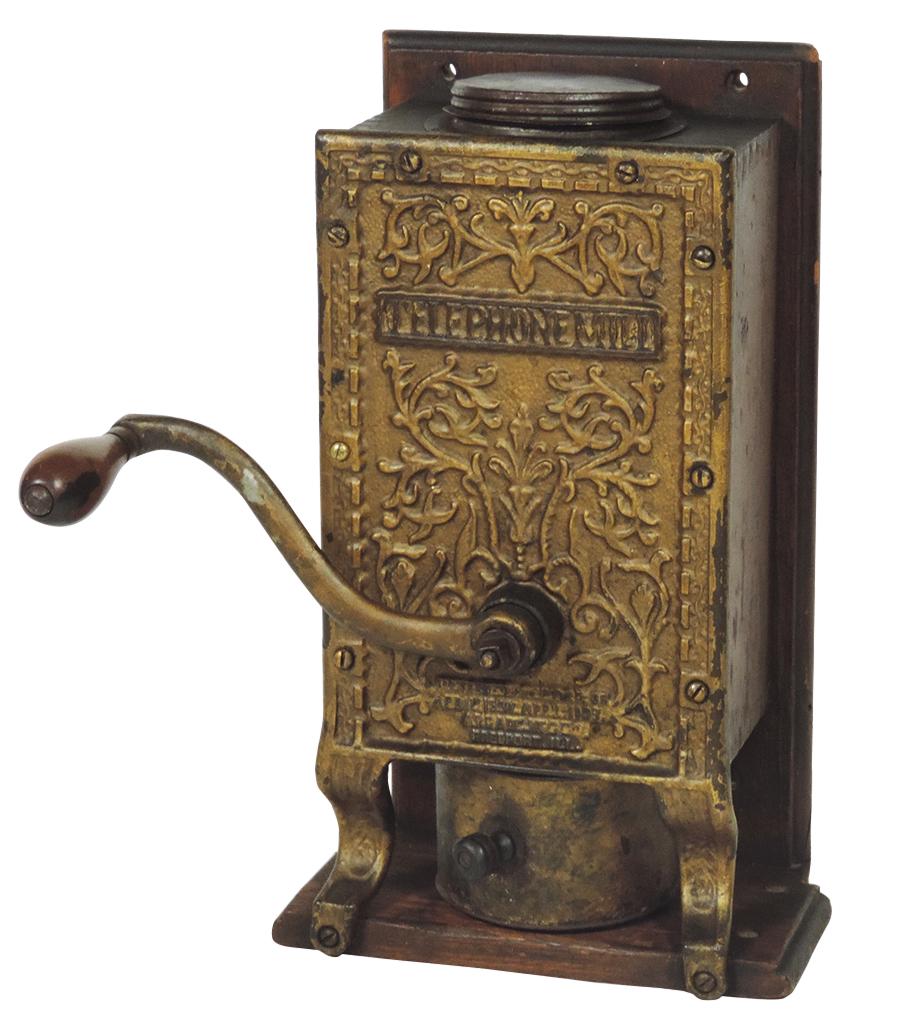 Coffee Grinder, "Telephone Mill", wall mount, mfgd by: Coffee Grinder, "Telephone Mill", wall mount, mfgd by Arcade Mfg. Co., gilded cast iron & wood, c.1893, VG/Exc cond, 13.25"H x 6.5"W x 8"D.