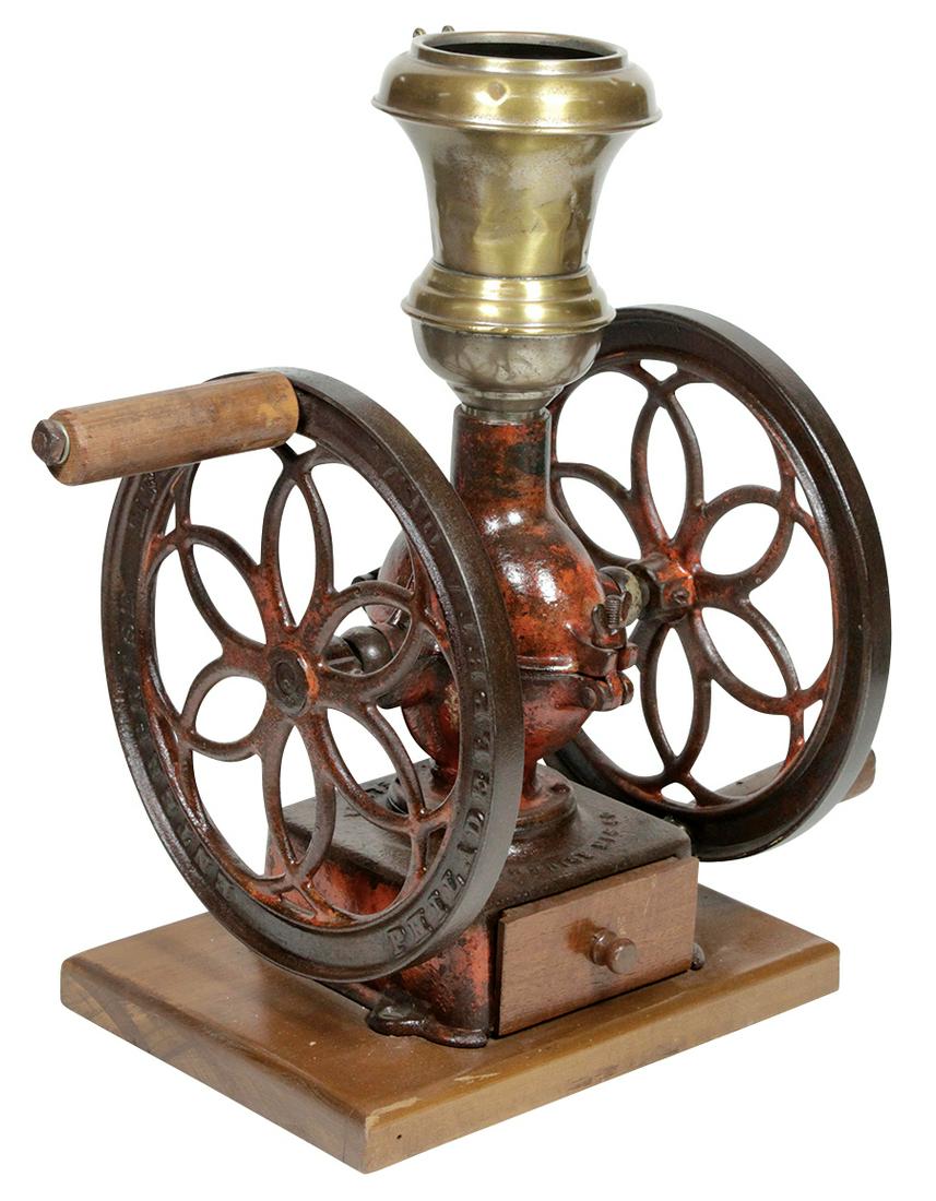 Country Store Coffee Grinder, "American" by Enterprise: Country Store Coffee Grinder, "American" by Enterprise Mfg. Co., cast iron, brass & wood counter top version, VG cond w/lacquer over orig paint, replaced handles & drawer, hopper cover absent, 18.5"H 