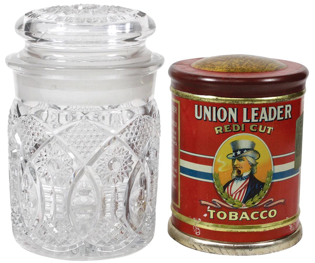 Tobacciana Cigar Jar & Tin (2), F.R. Rice Mercantile: Tobacciana Cigar Jar & Tin (2), F.R. Rice Mercantile Cigar Co.-St. Louis, Mo. pressed glass cigar jar & "Union Leader" Tobacco tin w/colorful litho of Uncle Sam smoking a pipe, tin in Exc cond, jar li