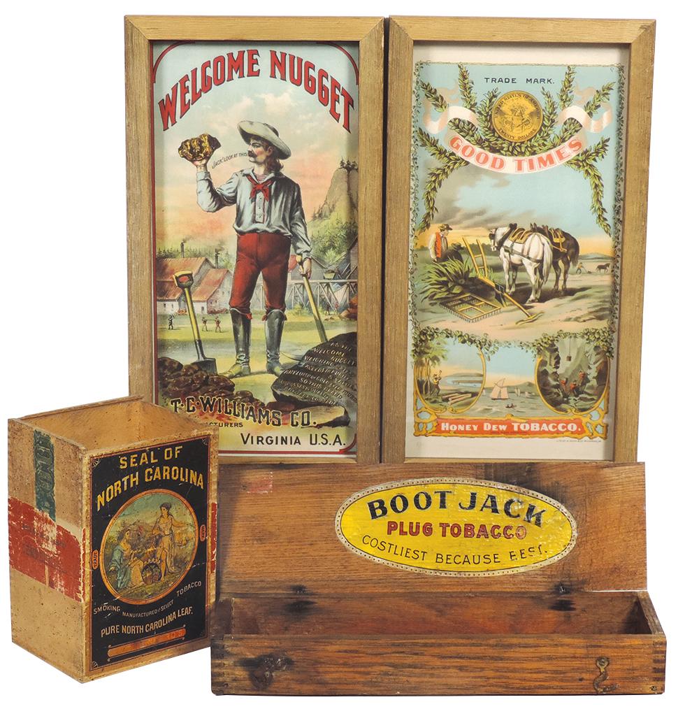 Tobacciana (4), Boot Jack Plug wood counter box: Tobacciana (4), Boot Jack Plug wood counter box w/label, framed "Welcome Nugget" & "Good Times" labels & "North Carolina Leaf" dovetail box (cover absent), VG to Exc cond, largest 14.5"L x 8"W.