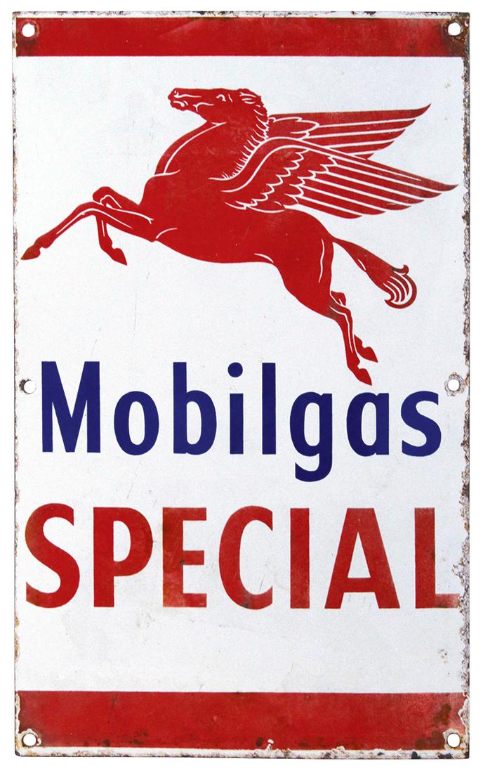 Petroliana, Mobilgas Pump Plate, porcelain on steel, a: Petroliana, Mobilgas Pump Plate, porcelain on steel, a later 20th Century remake of a classic old sign, aged w/purposed edge chips & weathering, VG to Exc cond, 19.75"H x 12"W.