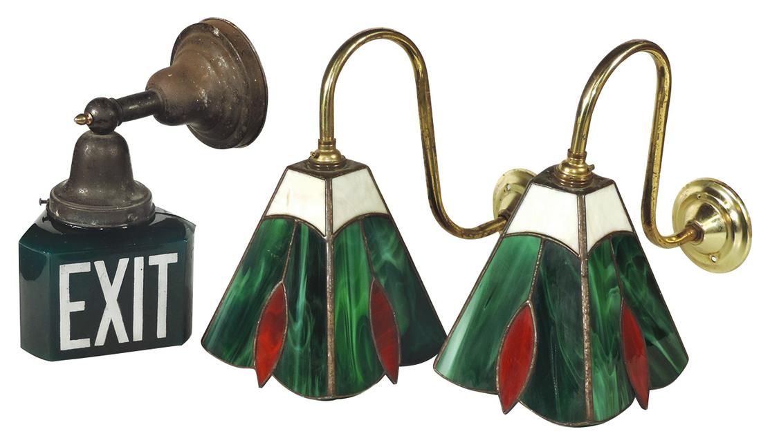 Soda Fountain Store Lighting (3), pair of 12V DC leaded: Soda Fountain Store Lighting (3), pair of 12V DC leaded & stained glass back bar sconces w/brass gooseneck mounts & an early green glass pendant exit light, all VG cond, largest 13"H x 12"W.