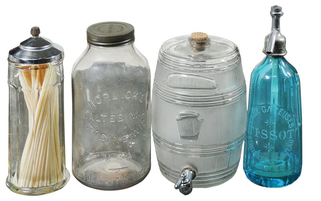 Soda Fountain Jars & Dispenser (4), Heinz Vinegar: Soda Fountain Jars & Dispenser (4), Heinz Vinegar dispenser w/Keystone logo, Horlickâ€™s Malted Milk jar, "Tissot" blue seltzer bottle & paneled glass straw jar, all VG to Exc cond, largest 12.5"