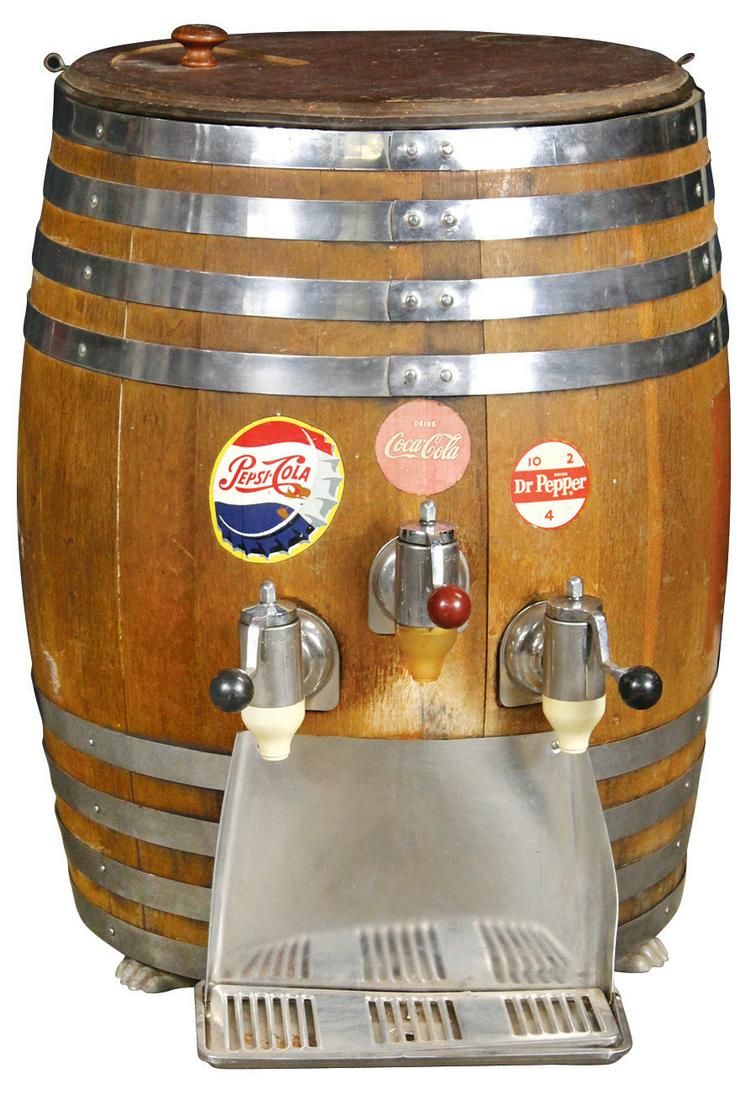Soda Fountain Dispenser, oak barrel w/triple faucet,: Soda Fountain Dispenser, oak barrel w/triple faucet, syrup mixer labeled Pepsi, Coca-Cola & Dr. Pepper, interior mostly complete, Good cond w/wear, 30"H x 24"Dia.